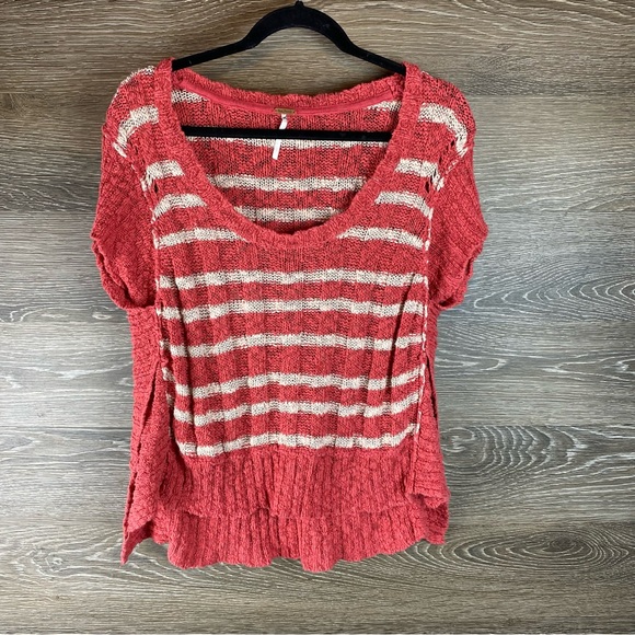 Free People Terracotta chunky knit linen blend split sleeve sweater size S - Picture 2 of 11